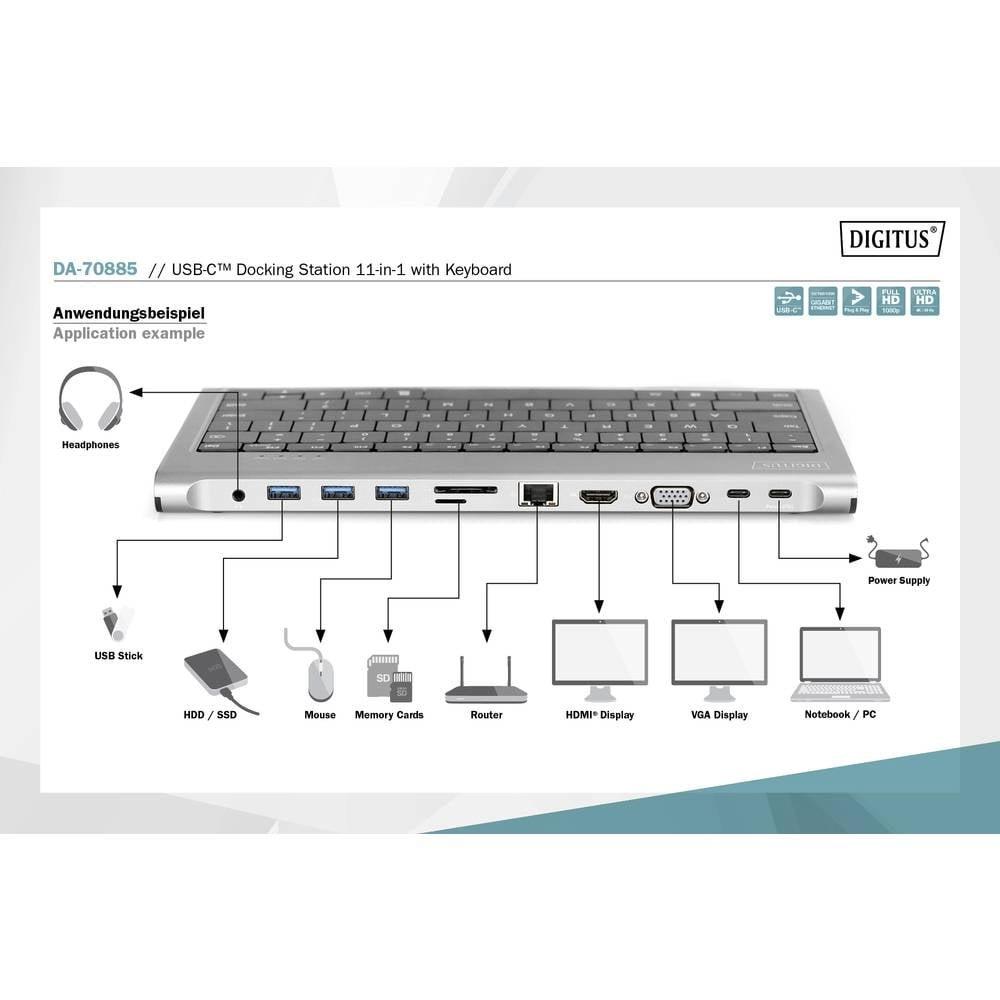 Digitus  10-Port USB-C Dock mit Tastatur (GER), HDMI, VGA, 3x USB 3.0, 2x card reader, 2x USB-C, RJ45, Audio 