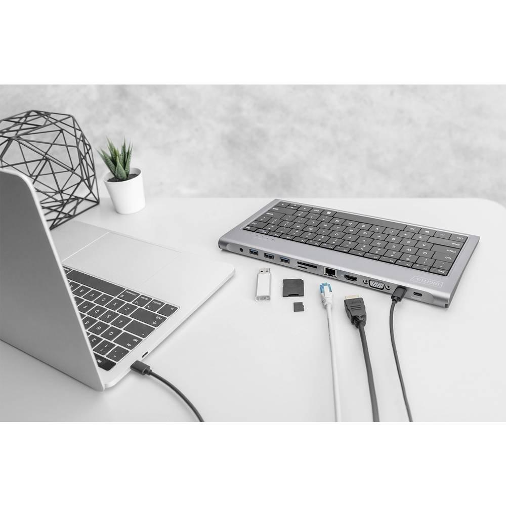 Digitus  10-Port USB-C Dock mit Tastatur (GER), HDMI, VGA, 3x USB 3.0, 2x card reader, 2x USB-C, RJ45, Audio 