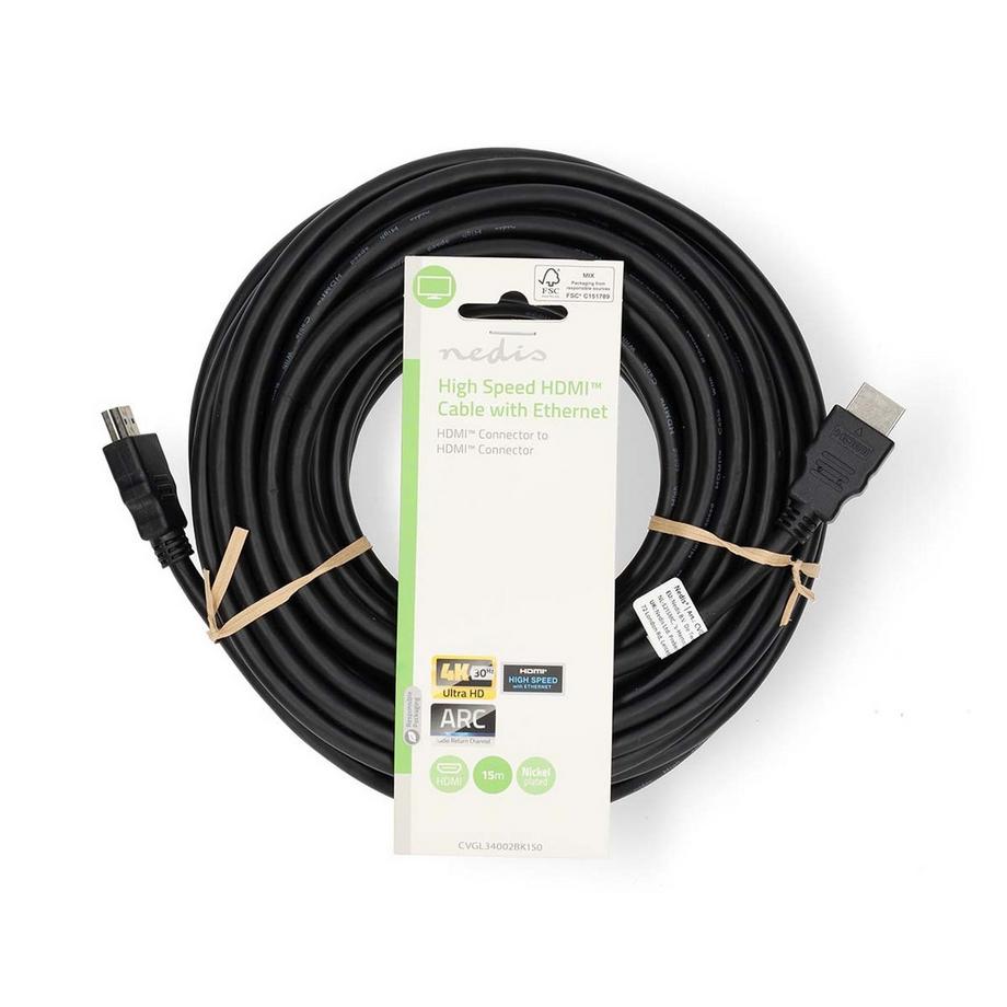Nedis  Câble HDMI™ haut débit med Ethernet | HDMI™ Contact | HDMI™ Contact | 4K@30Hz | ARC | 10.2 Gbps | 15.0 m | Rond | PVC | Svart | Label 
