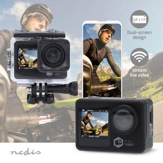 Nedis  Caméra d'action | Double écran | 1080p à 30 ips | 12 MPixels | Étanche jusqu'à : 30,0 m | 70 minutes | Wi-Fi | Application disponible pour : Android™ / IOS | Supports inclus | Noir 