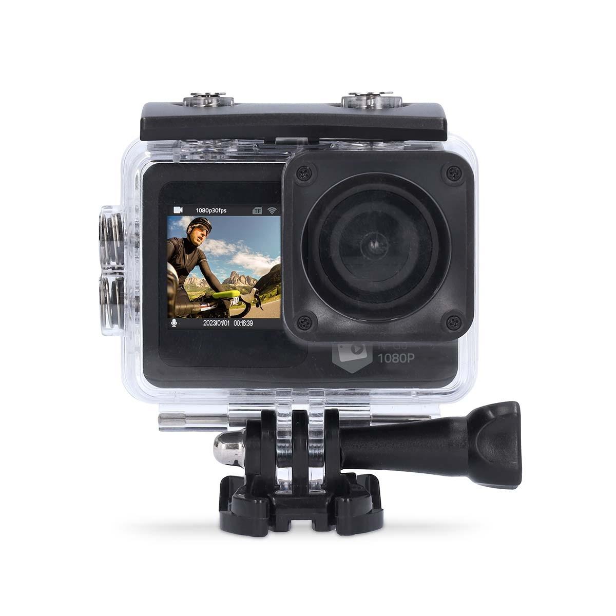Nedis  ActionCam | Doppio schermo | 1080p@30fps | 12MPixel | Impermeabile fino a: 30,0 m | 70 minuti | Wi-Fi | App disponibile per: Android™ / IOS | Supporti inclusi | Nero 