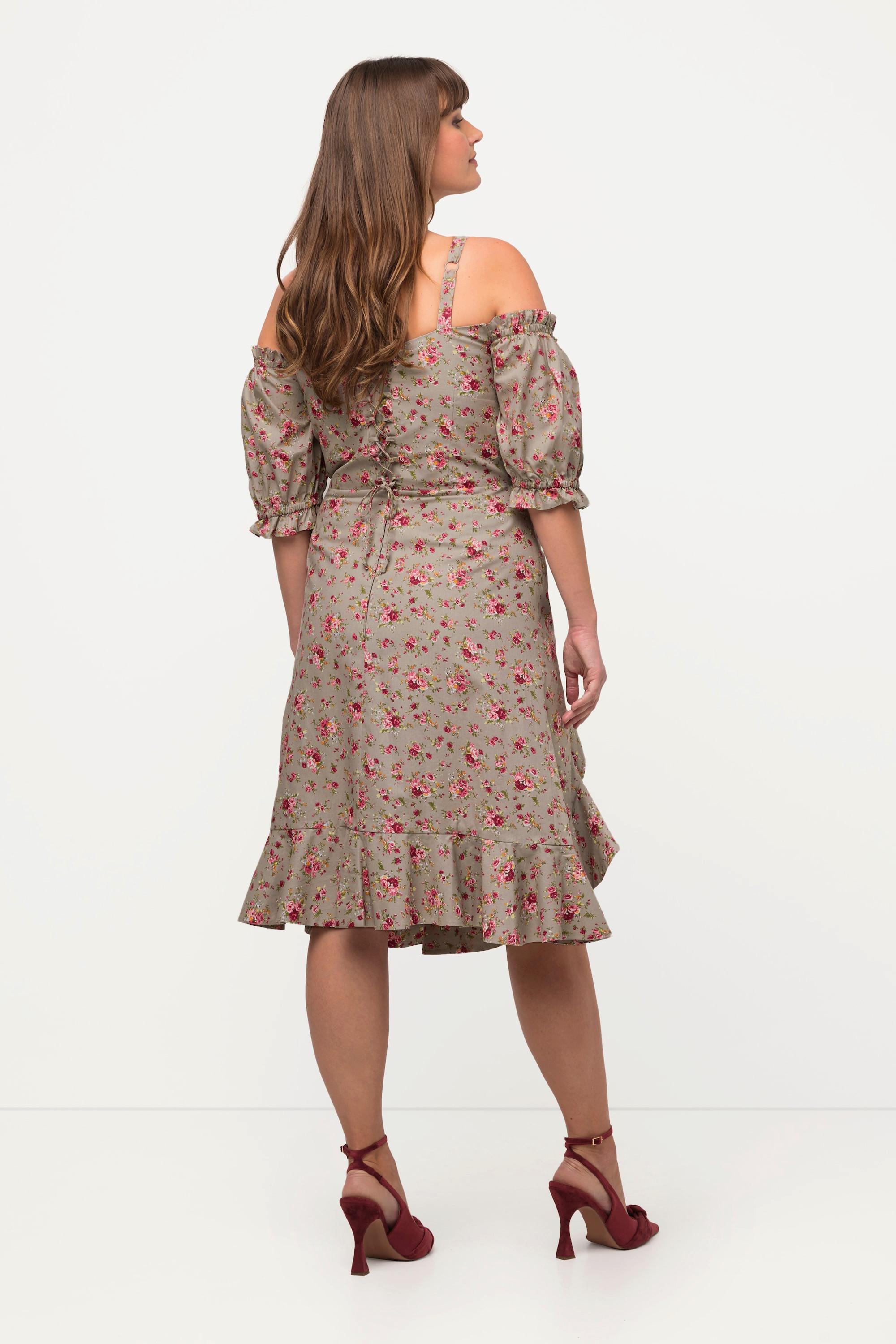 Ulla Popken Florales schulterfreies Halbarm Minikleid mit Volantsaum  