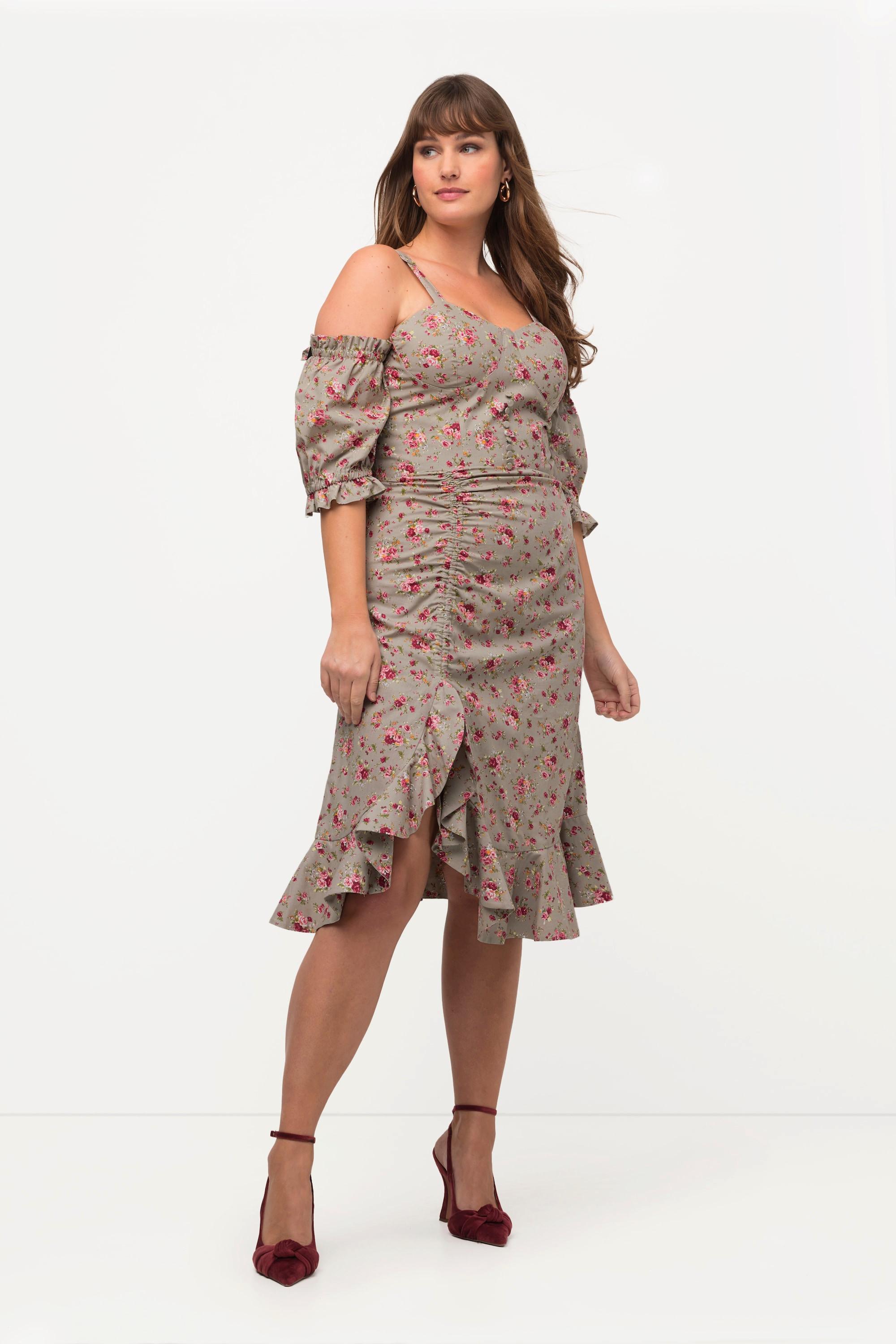 Ulla Popken Florales schulterfreies Halbarm Minikleid mit Volantsaum  