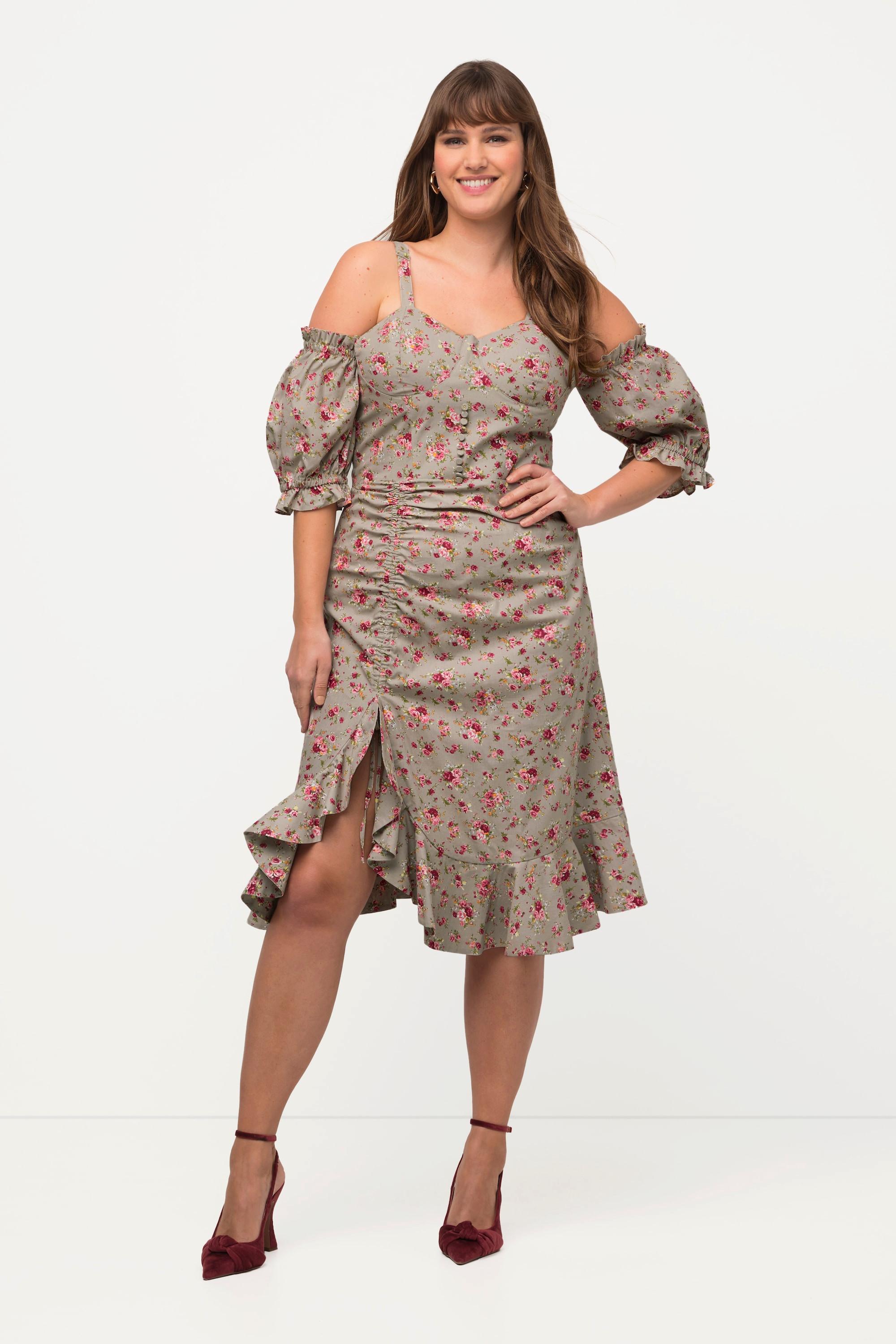 Ulla Popken Florales schulterfreies Halbarm Minikleid mit Volantsaum  