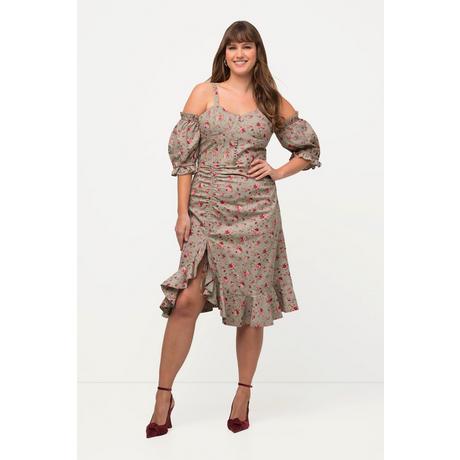 Ulla Popken Florales schulterfreies Halbarm Minikleid mit Volantsaum  