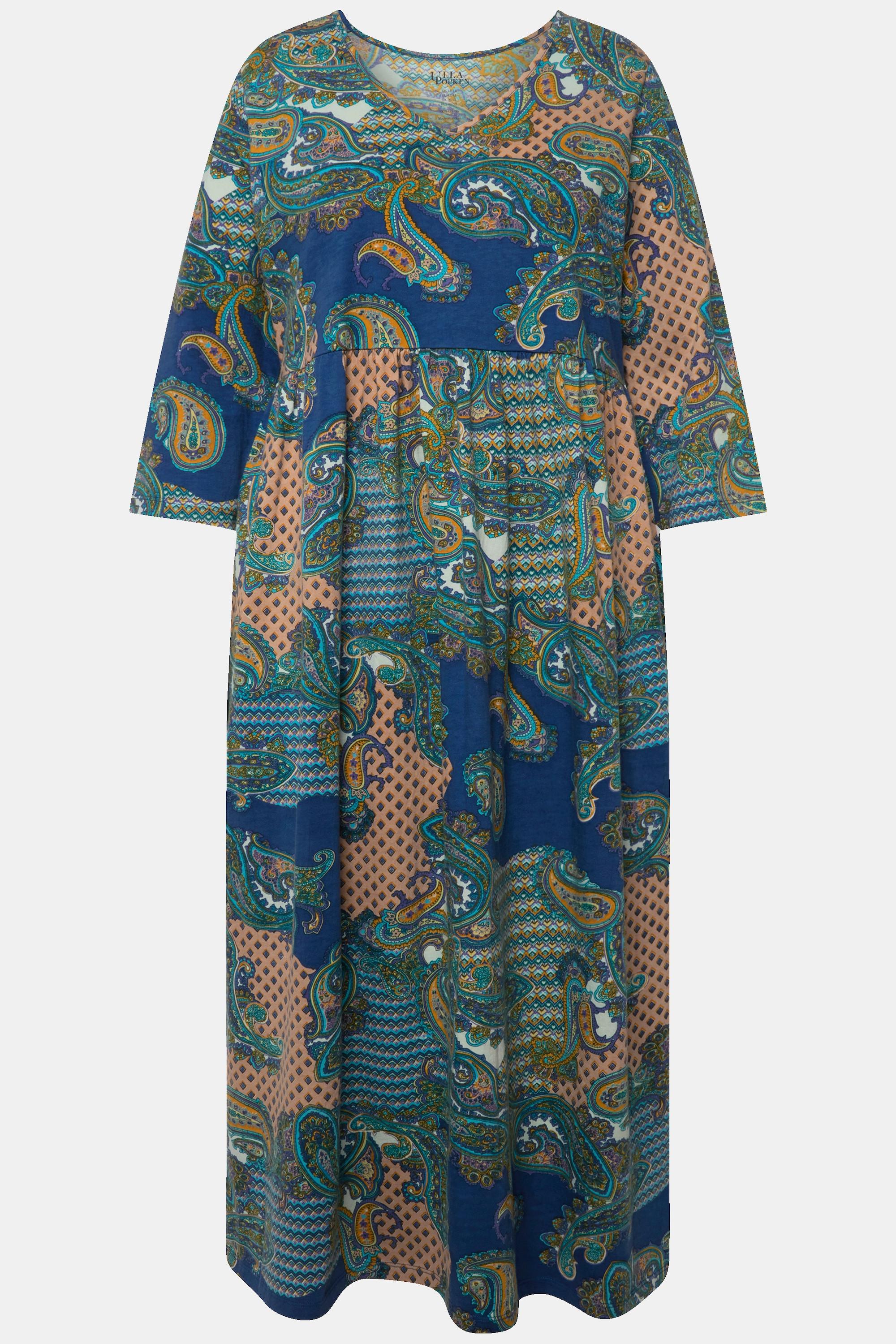 Ulla Popken  Robe en jersey coupe trapèze à motif cachemire, décolleté en V et manches 3/4 