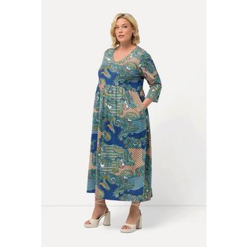 Robe en jersey coupe trapèze à motif cachemire, décolleté en V et manches 3/4