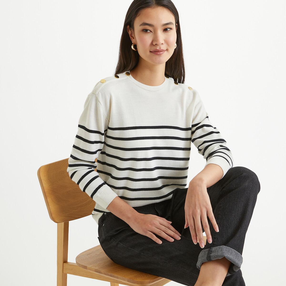 Image of Gestreifter Feinstrickpullover Mit Rundem Ausschnitt Damen Schwarz 33/34