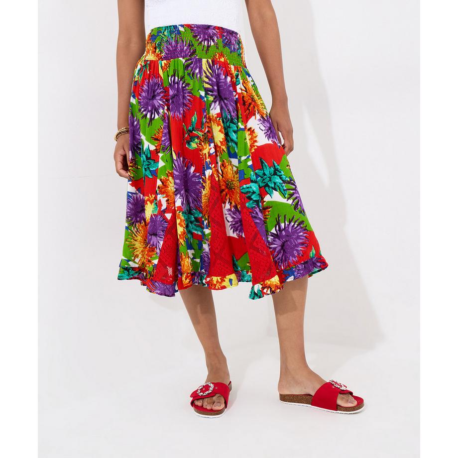 Leuchtend floraler Godet-Panel-Midirock