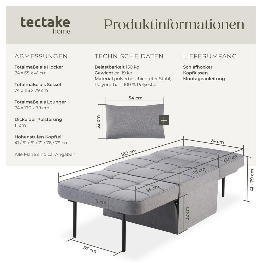 Tectake Schlafhocker Ponto 4 in 1 als Hocker, Sessel, Lounger oder Bett 6-fach verstellbare Rückenlehne  