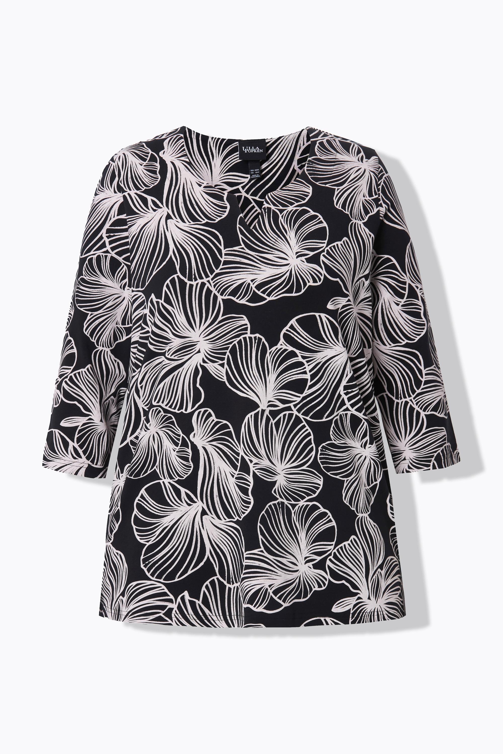 Ulla Popken  Shirt, Blüten, Tunika-Ausschnitt, 3/4-Arm 