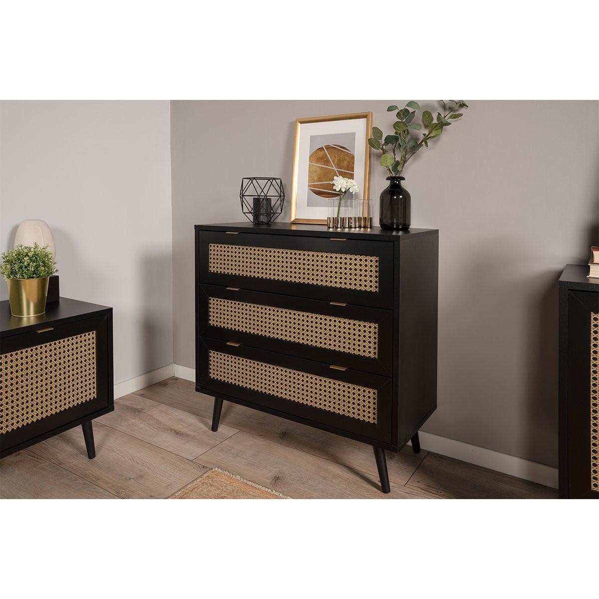 Calicosy Cassettiera a 3 cassetti, stampa impagliatura e nera - L80 cm  