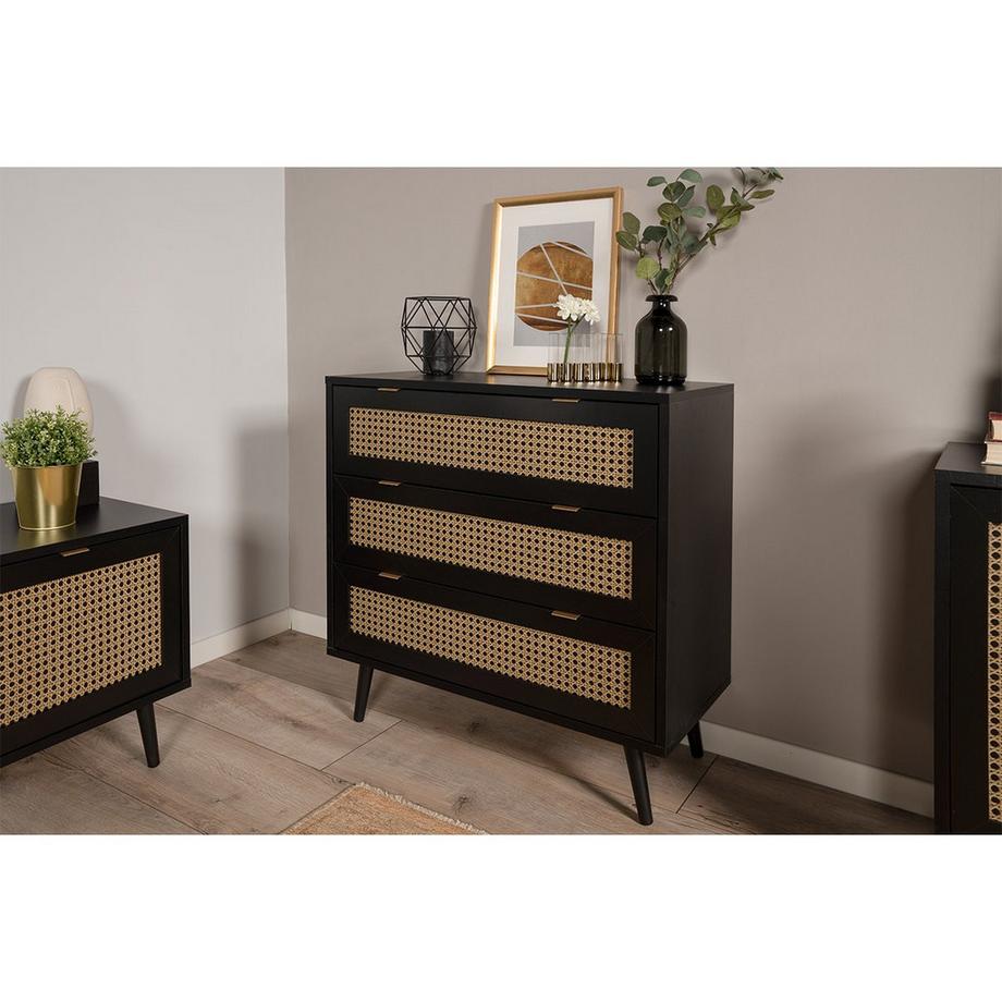 Calicosy Kommode mit 3 Schubladen,em- und Rohrgeflecht Druck Villa - L80 x H80 x T40 cm  