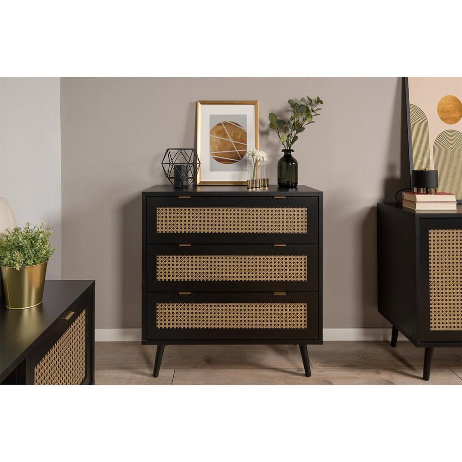 Calicosy Kommode mit 3 Schubladen,em- und Rohrgeflecht Druck Villa - L80 x H80 x T40 cm  