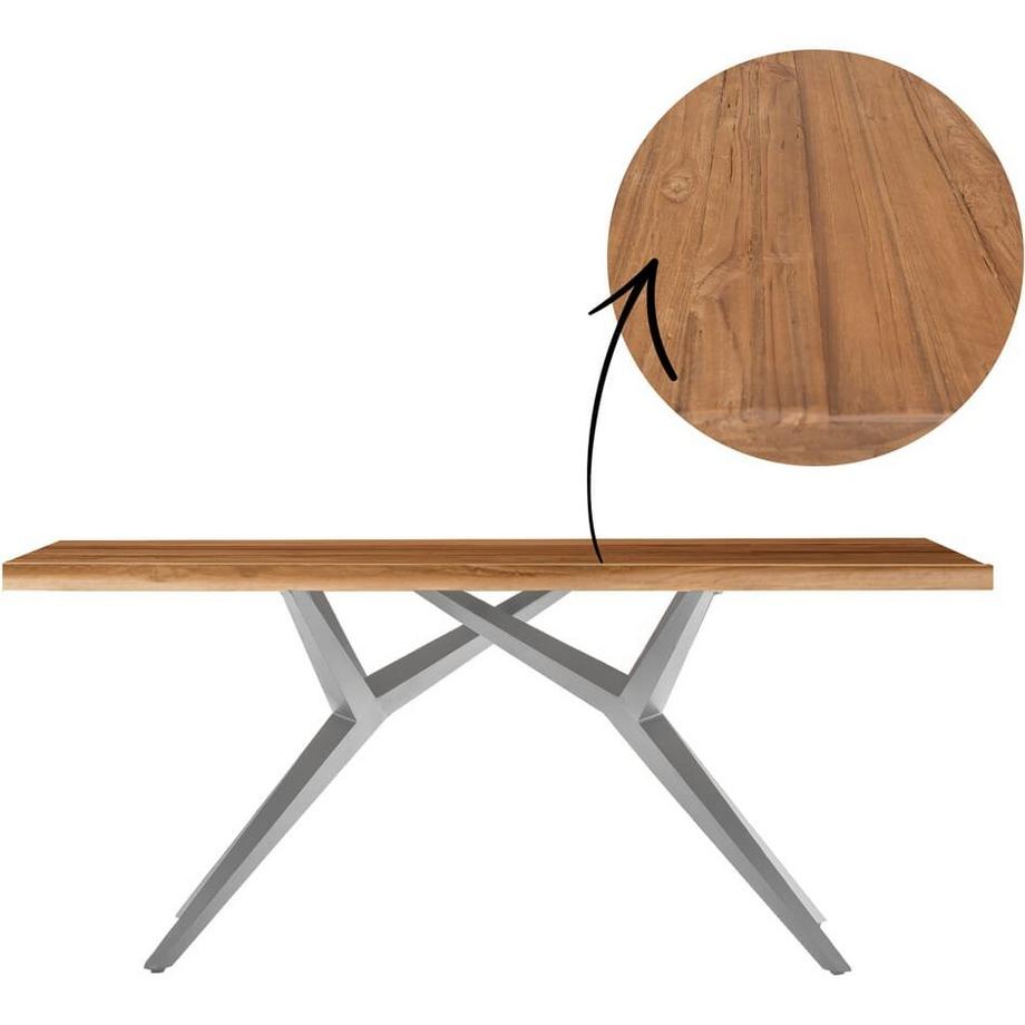 mutoni Table 180x100 cm - teck recyclé naturel - métal argenté antique  