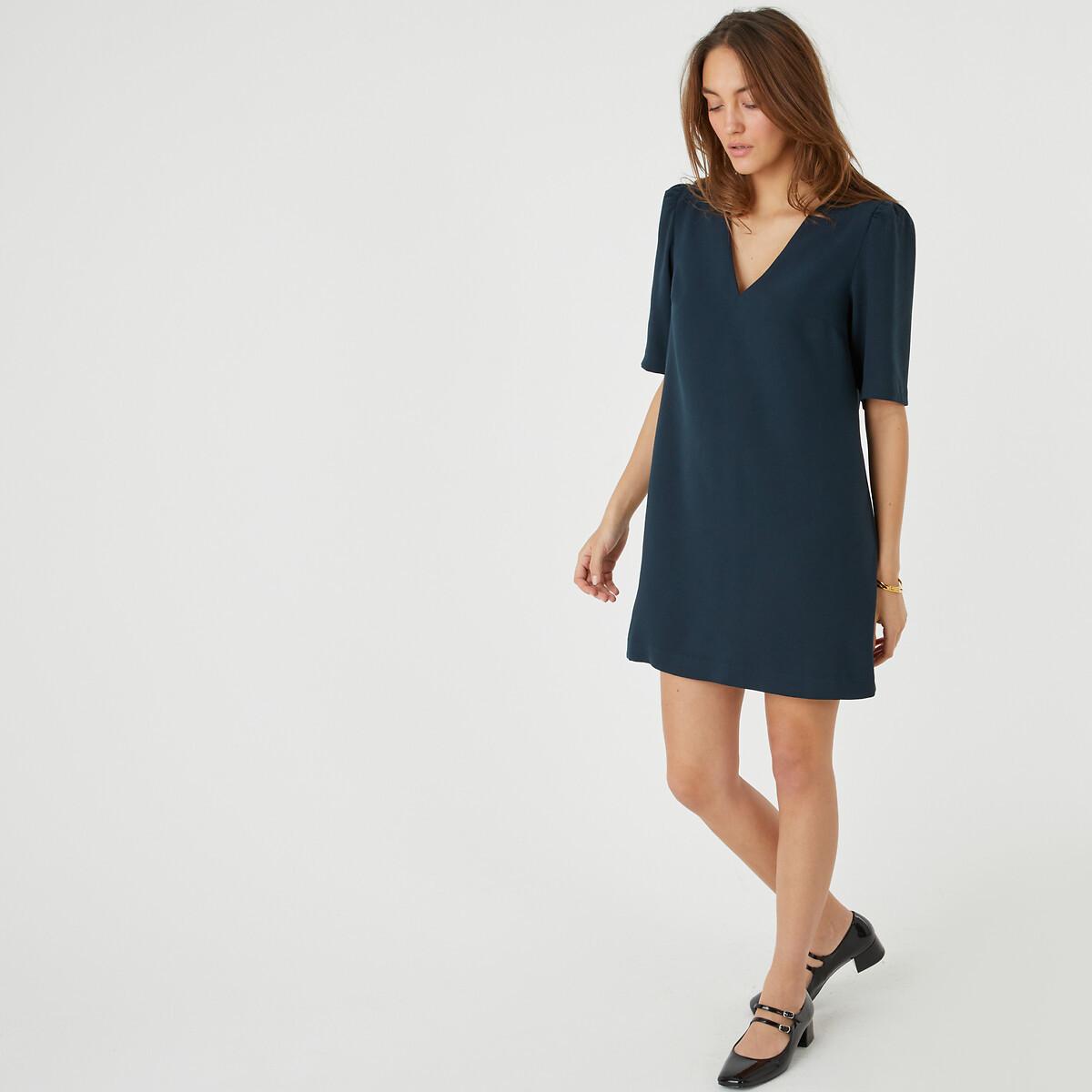 Image of Gerades Kleid Mit V-ausschnitt Damen Blau 32
