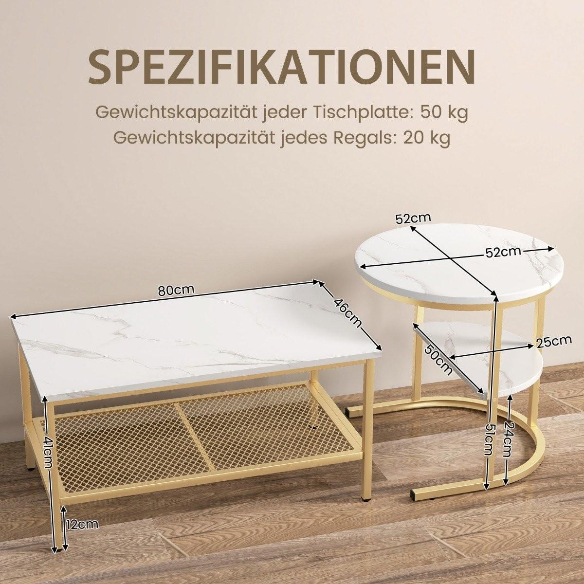Northio 2er Set Couchtisch Beistelltisch Marmor Optik mit Metallrahmen & Ablage Gold und Weiß  