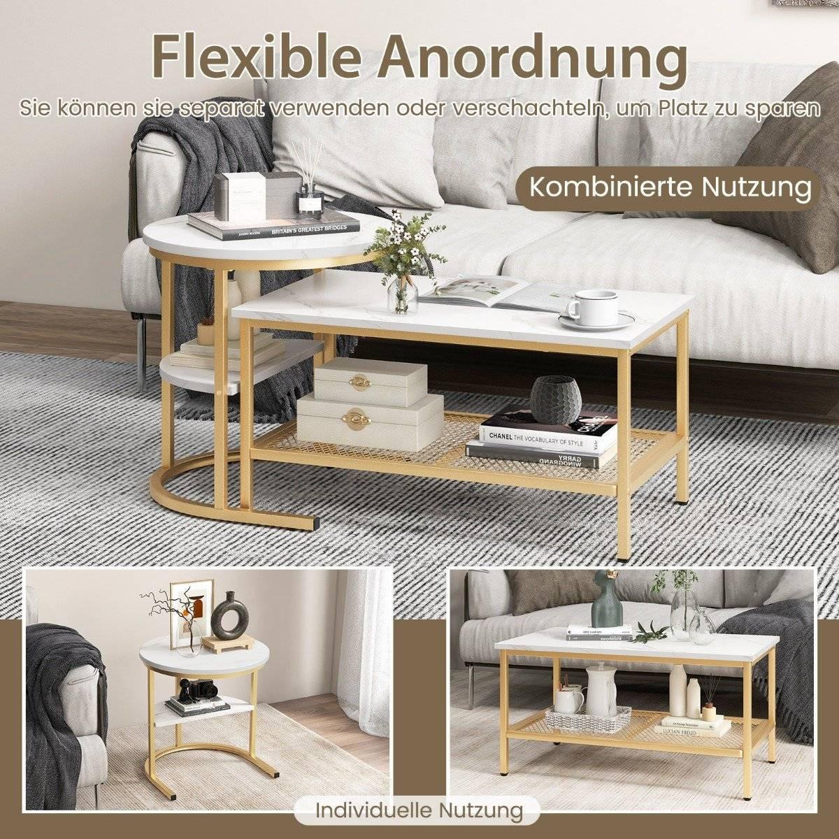 Northio 2er Set Couchtisch Beistelltisch Marmor Optik mit Metallrahmen & Ablage Gold und Weiß  