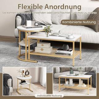 Northio 2er Set Couchtisch Beistelltisch Marmor Optik mit Metallrahmen & Ablage Gold und Weiß  