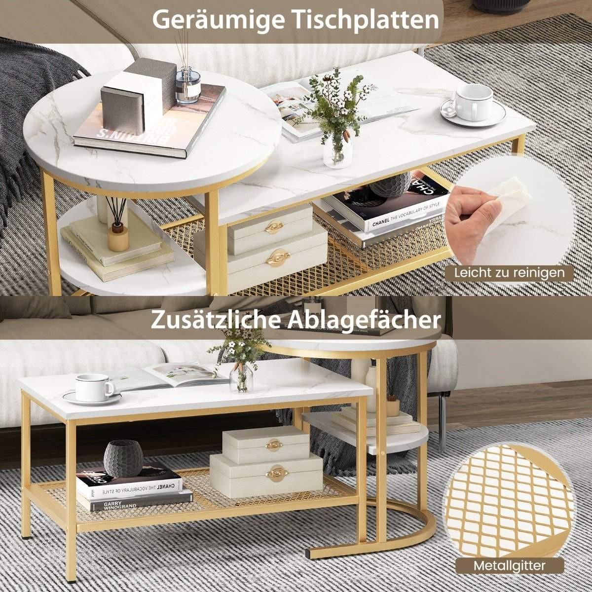 Northio 2er Set Couchtisch Beistelltisch Marmor Optik mit Metallrahmen & Ablage Gold und Weiß  