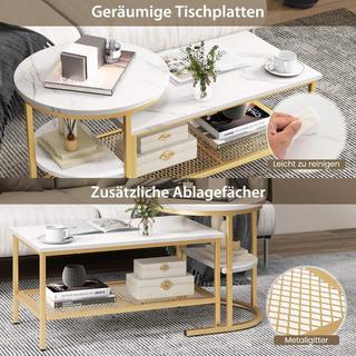 Northio 2er Set Couchtisch Beistelltisch Marmor Optik mit Metallrahmen & Ablage Gold und Weiß  