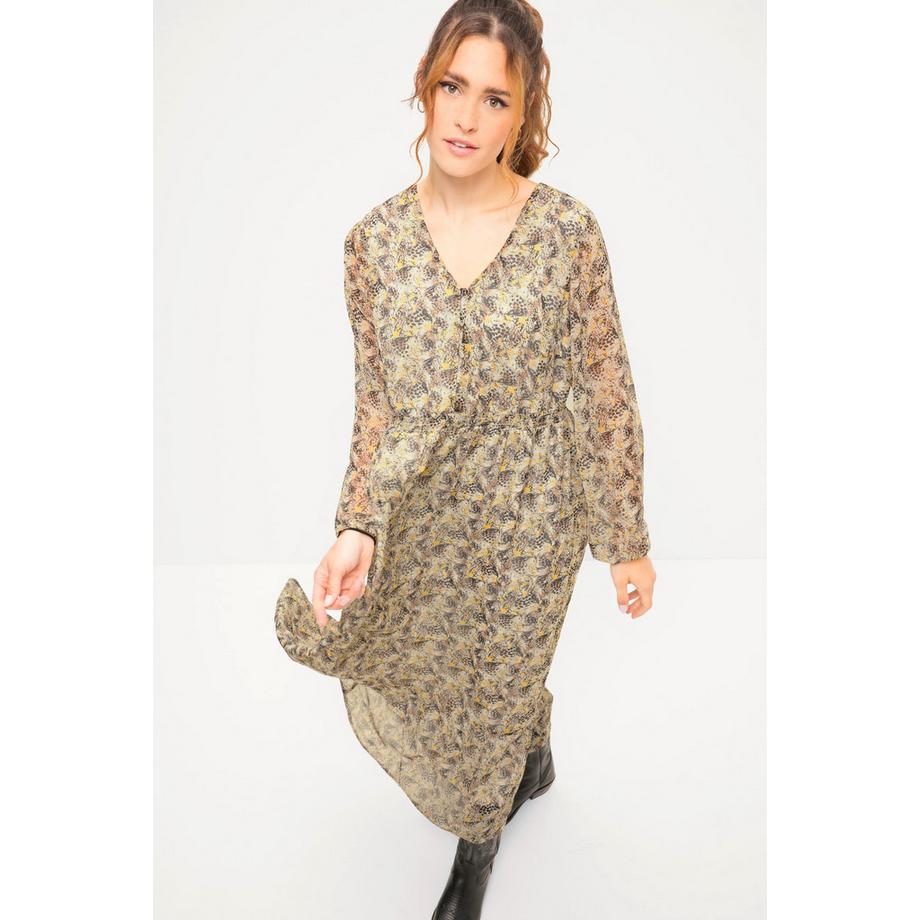 Studio Untold Maxikleid A-Linie Leo Minimal V-Ausschnitt Langarm  