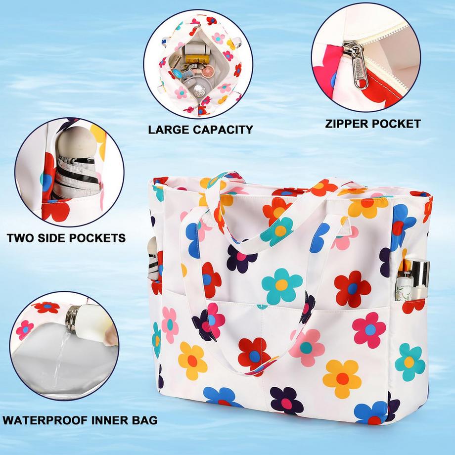 Only-bags.store Grande borsa da spiaggia floreale impermeabile con cerniera  