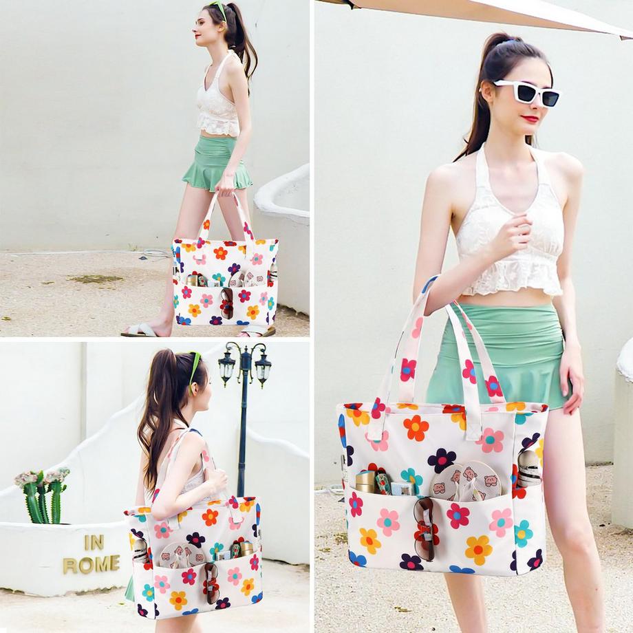 Only-bags.store Grande borsa da spiaggia floreale impermeabile con cerniera  