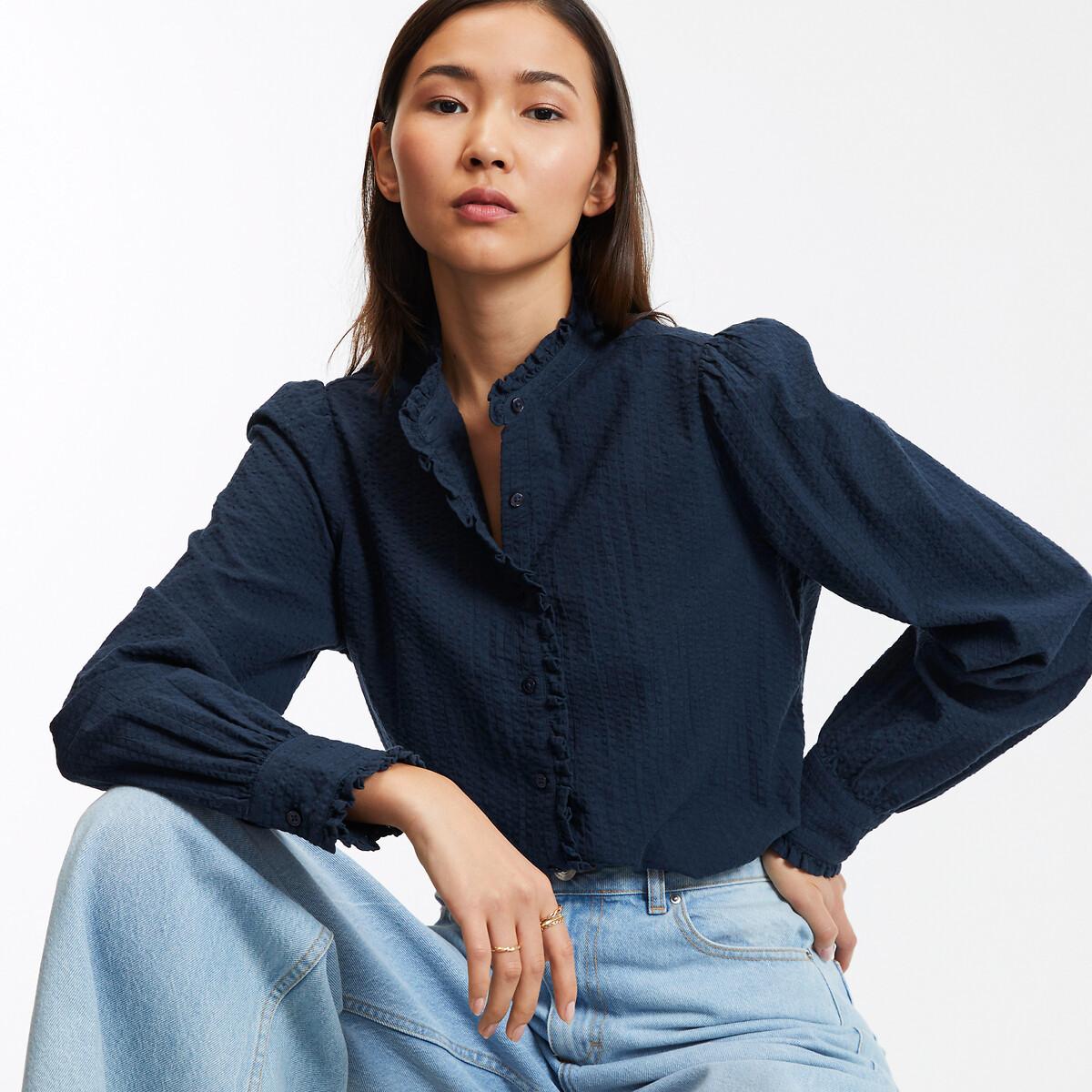 Image of Langärmelige Bluse Mit Rüschenkragen Damen Blau 32