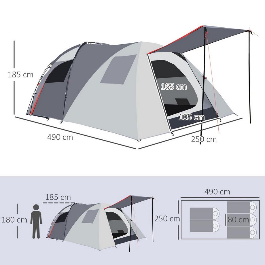 Northio  Campingzelt 5-Personen Tunnelzelt Mit Schlafzimmer, Tragetasche, 2000Mm Wassersäule, Meshfenster, Grau 