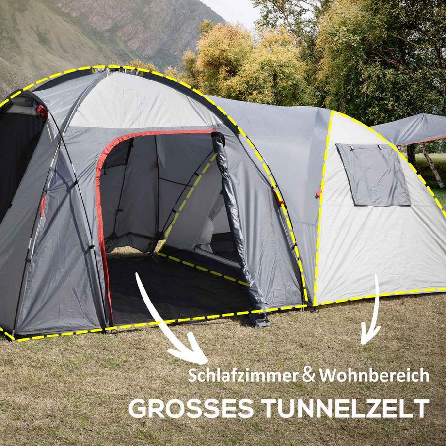 Northio  Campingzelt 5-Personen Tunnelzelt Mit Schlafzimmer, Tragetasche, 2000Mm Wassersäule, Meshfenster, Grau 