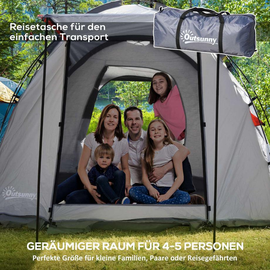 Northio  Campingzelt 5-Personen Tunnelzelt Mit Schlafzimmer, Tragetasche, 2000Mm Wassersäule, Meshfenster, Grau 