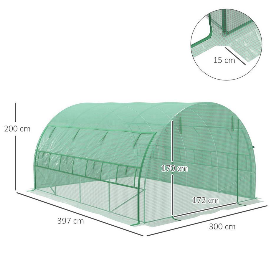 Northio Foliengewächshaus Polytunnel 3,97X3X2M Begehbar, Uv-Schutz, Aufrollbare Abdeckungen, Stahl, Grün  
