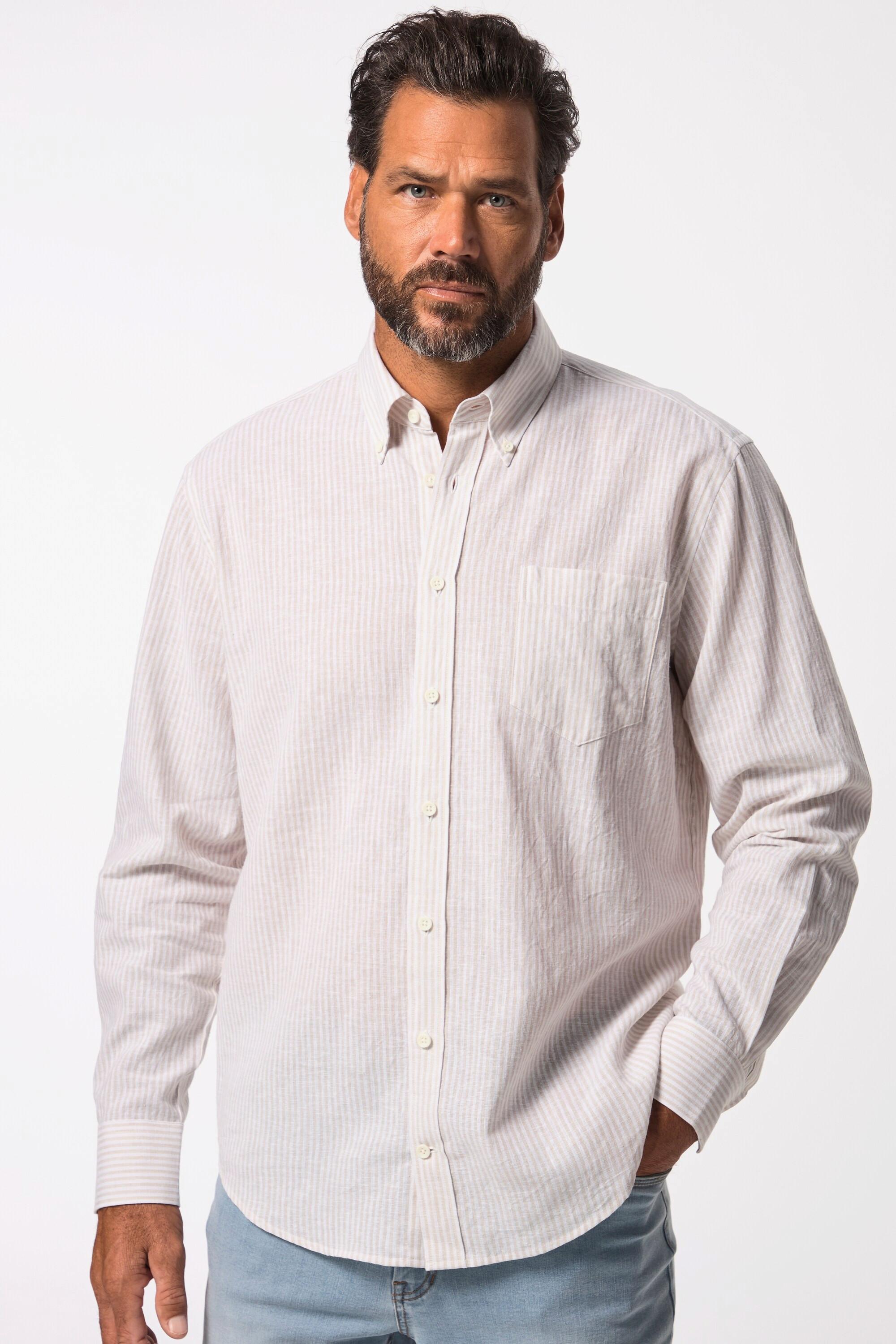 JP1880  Camicia a righe in misto lino con vestibilità moderna, colletto button-down e maniche lunghe, fino alla tg. 8XL 