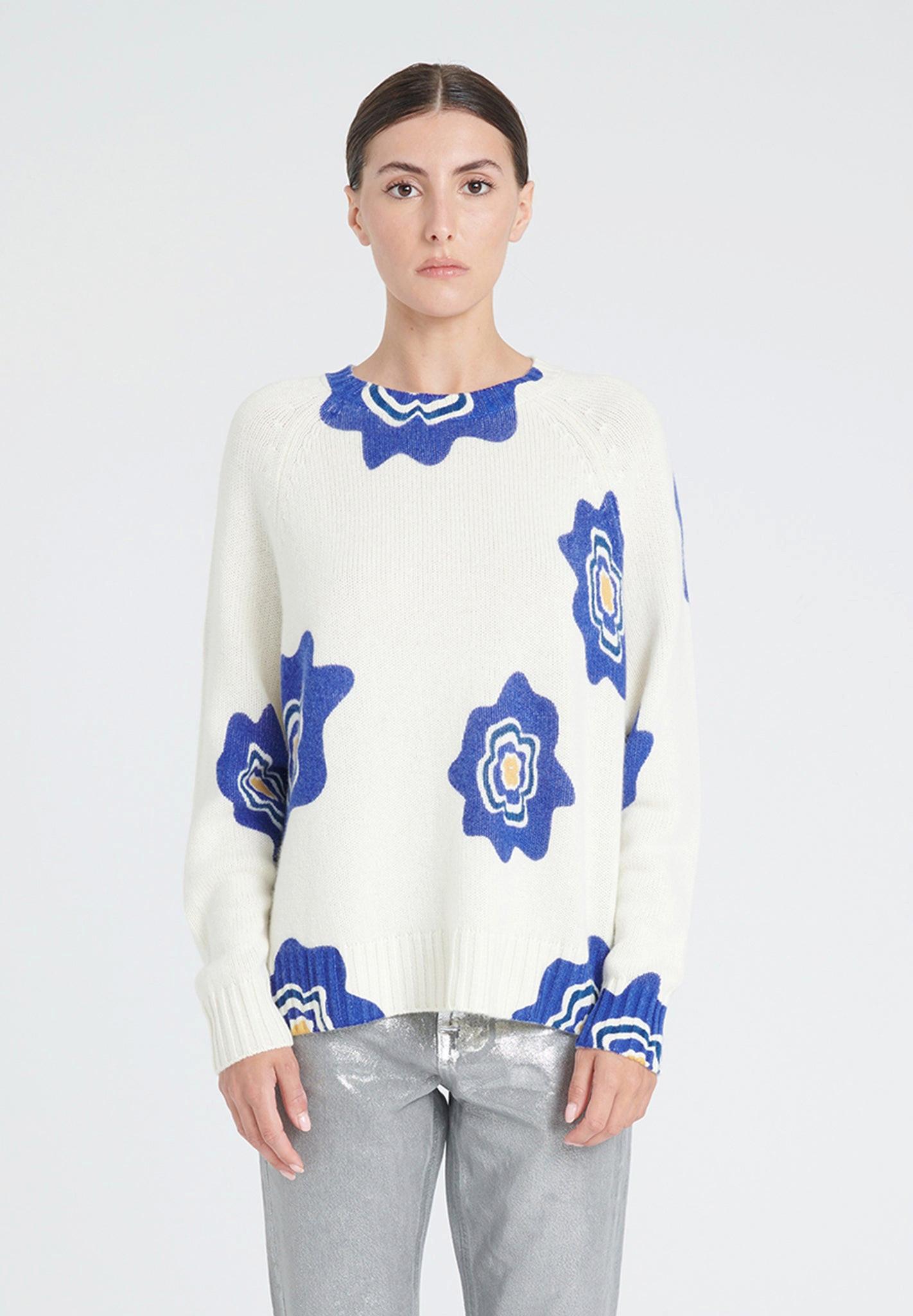 Image of Zaya 20 Pullover Rundhalsausschnitt Mit Blumenmuster 6 Fäden - 100% Kaschmir Damen Multicolor M