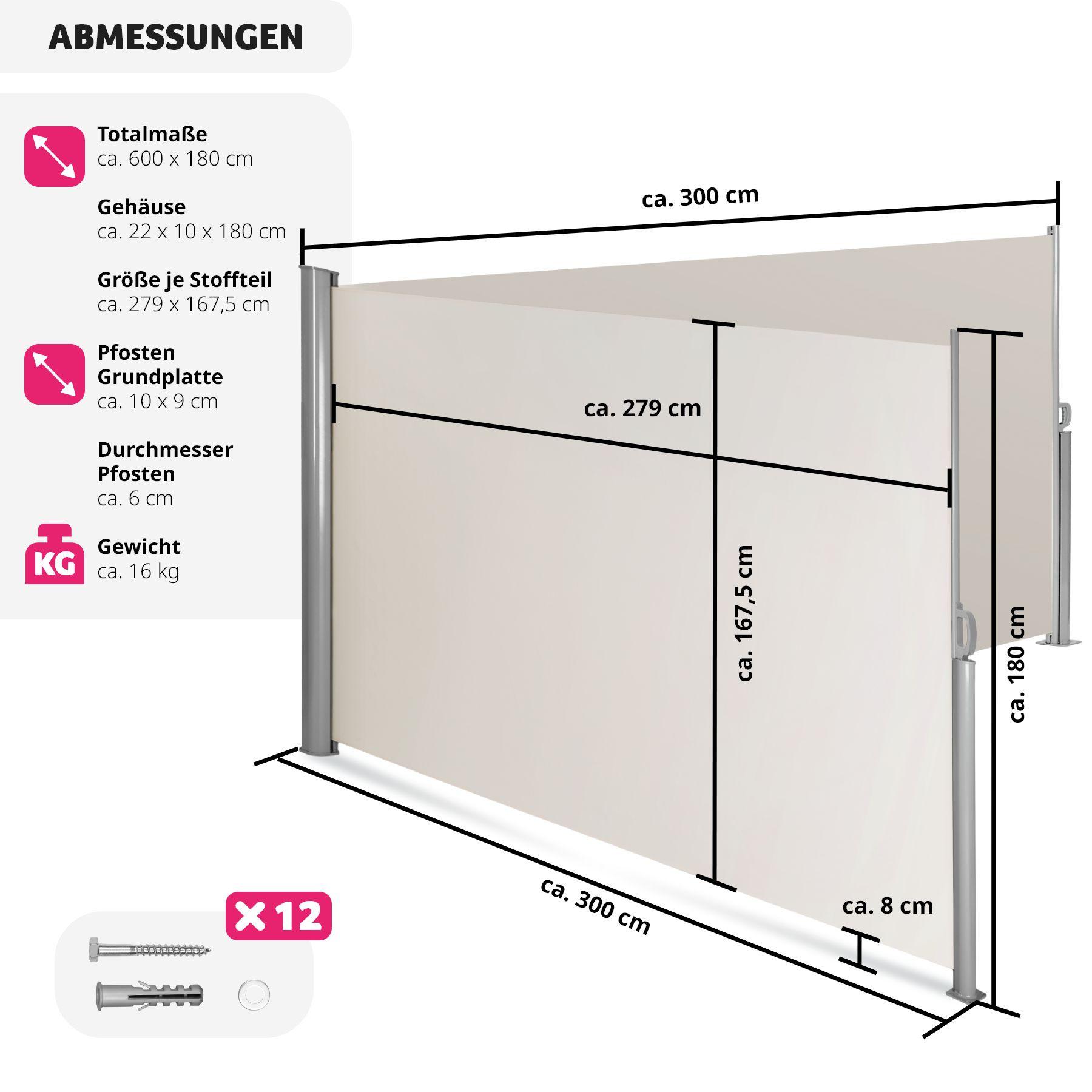 Tectake Doppia tenda laterale con cassonetto in alluminio estraibile con meccanismo di autoarrotolamento  