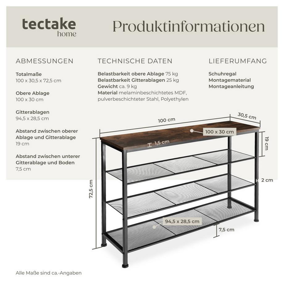 Tectake Schuhregal Portsmouth Industrial Style Holz und Stahl  
