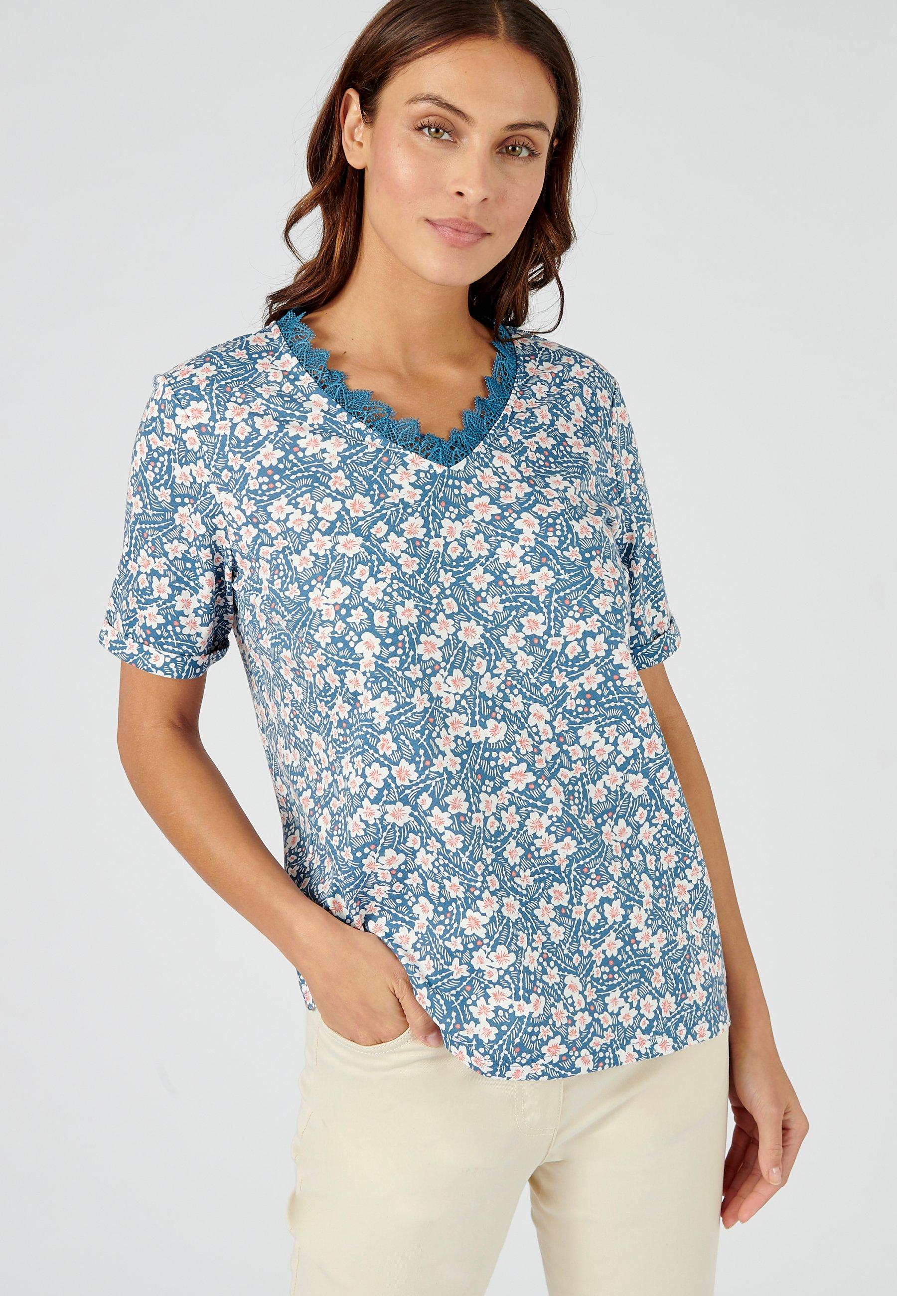 Image of T-shirt Mit Blumenprint. Damen Blau 46-48