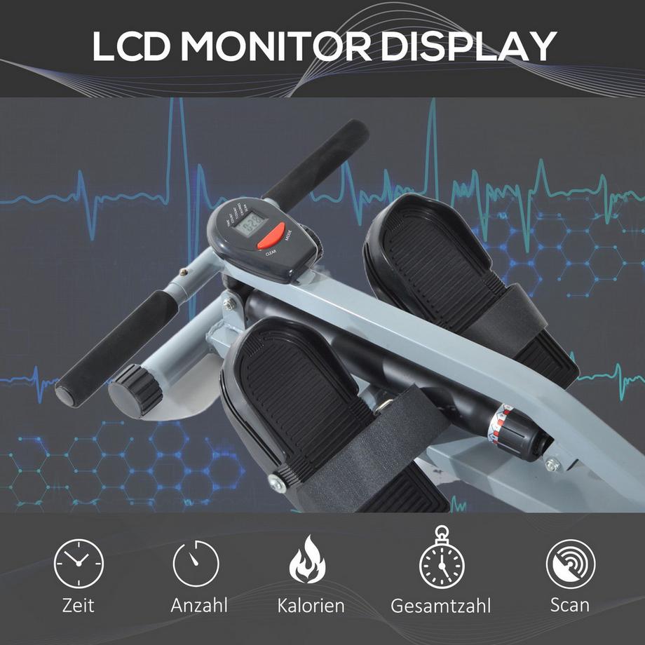 Northio  Rameur Rameur Avec Appareil De Fitness Lcd Rameur Vélo D'Appartement, Avec Écran Lcd, Acier + Pvc, Gris, 130X47,5X67Cm 