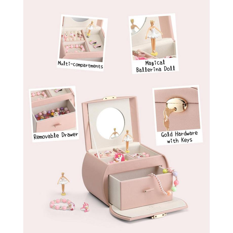 Only-bags.store  Spieluhr Ballerina Schmuckkästchen, abschließbares Schmuckkästchen Mädchen PU Leder mit Schubladen 