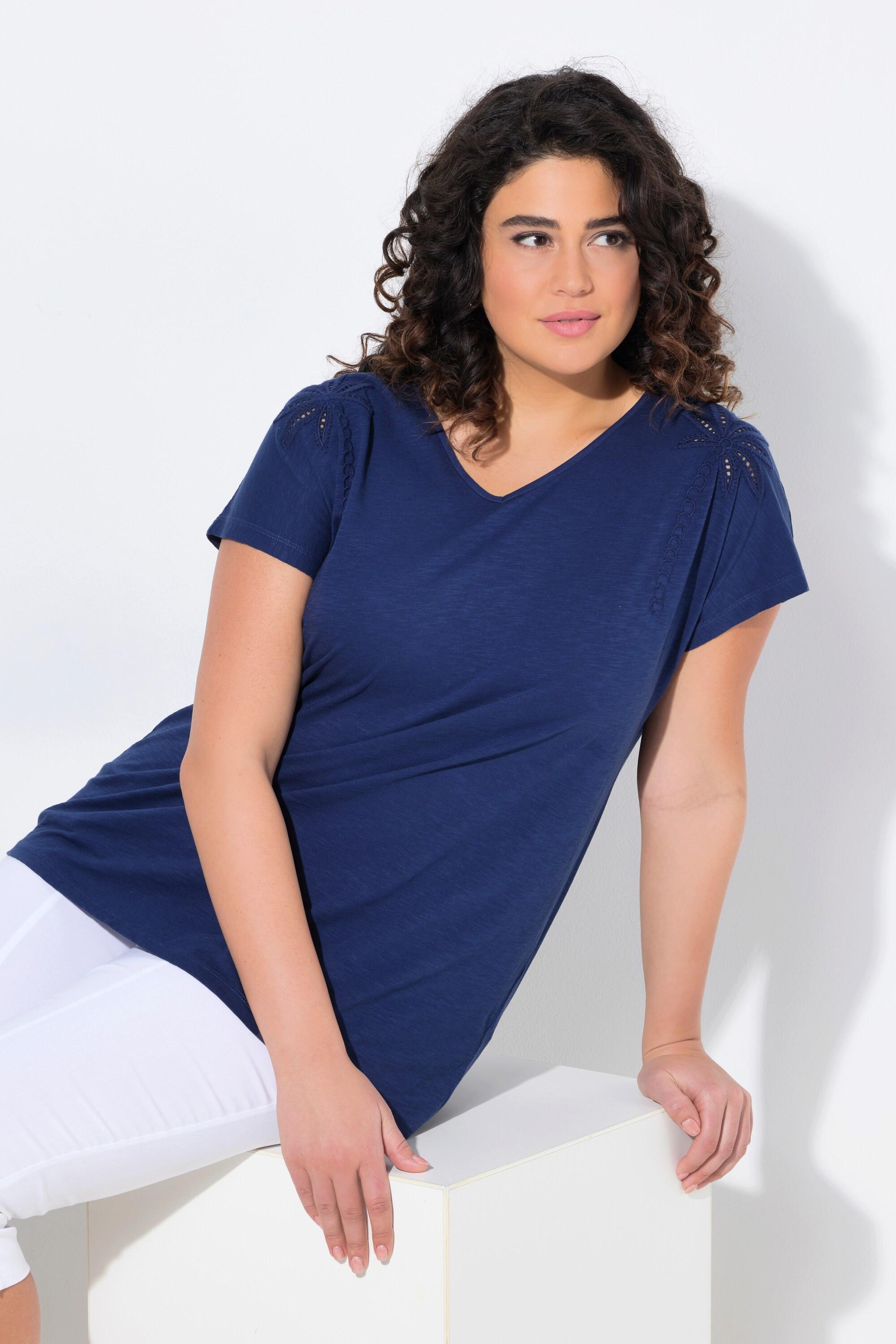 Ulla Popken Oversized Palmen V-Ausschnitt Halbarm T-Shirt  