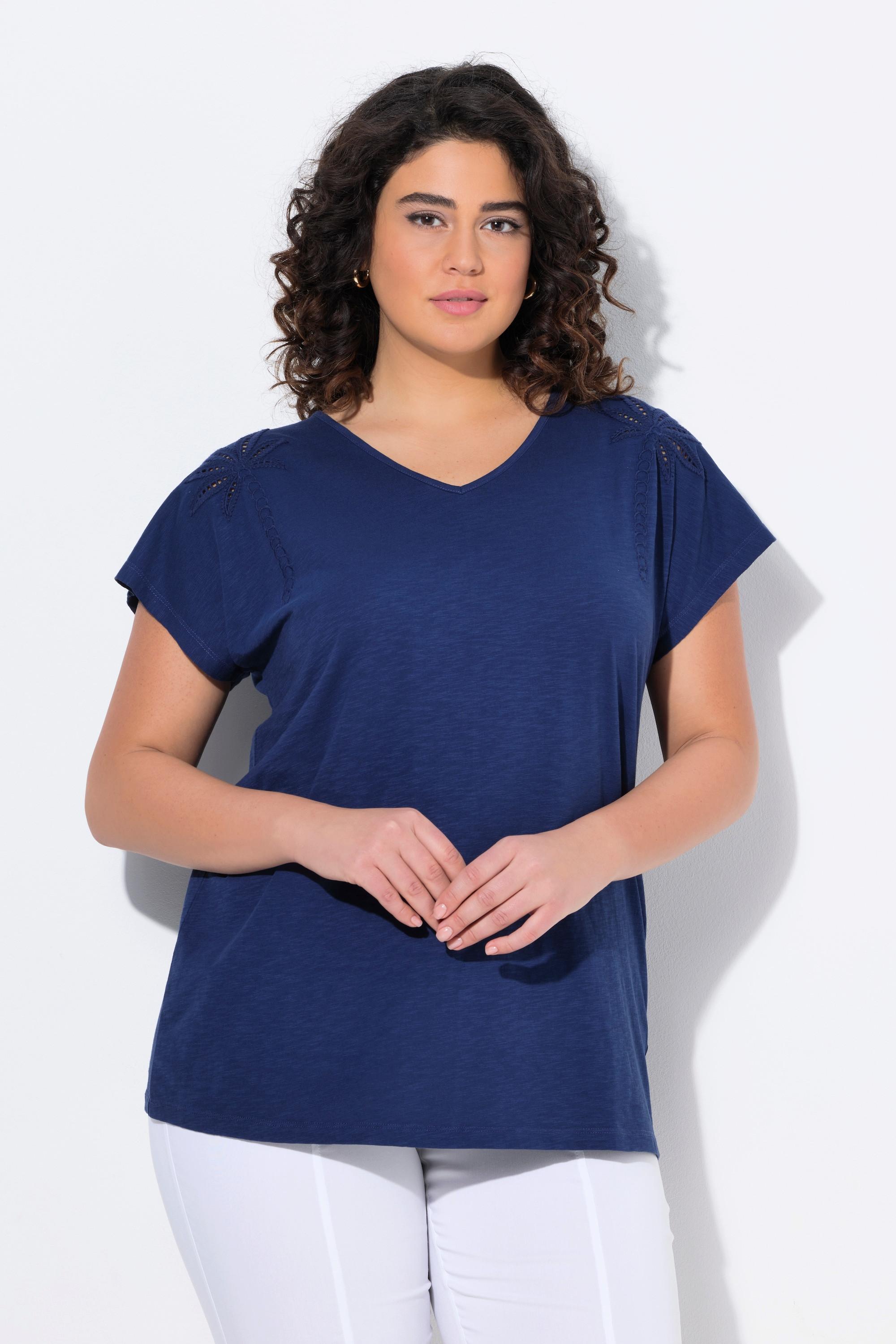 Ulla Popken Oversized Palmen V-Ausschnitt Halbarm T-Shirt  