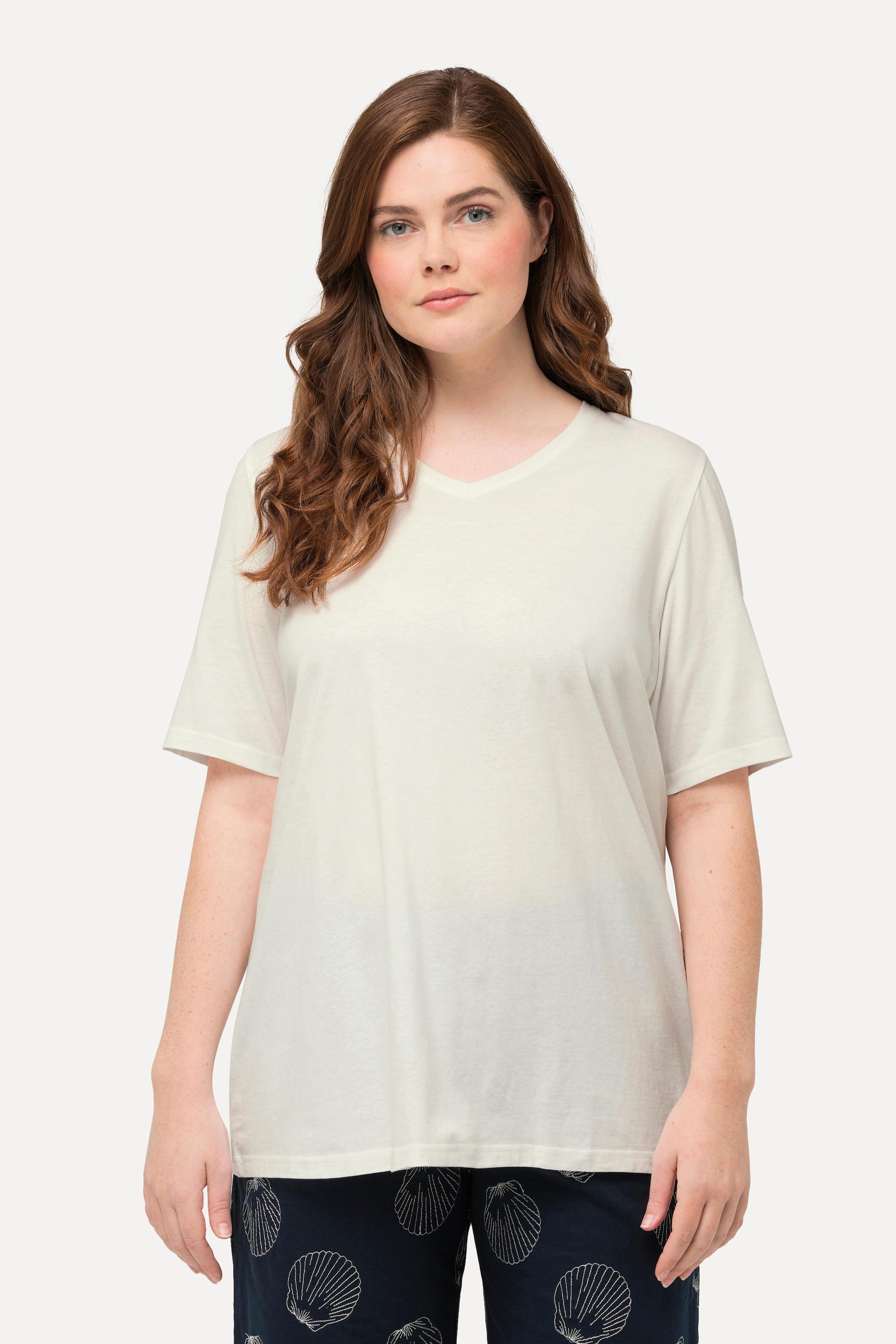 Ulla Popken  T-shirt di cotone biologico in confezione doppia con scollo a V e mezze maniche 