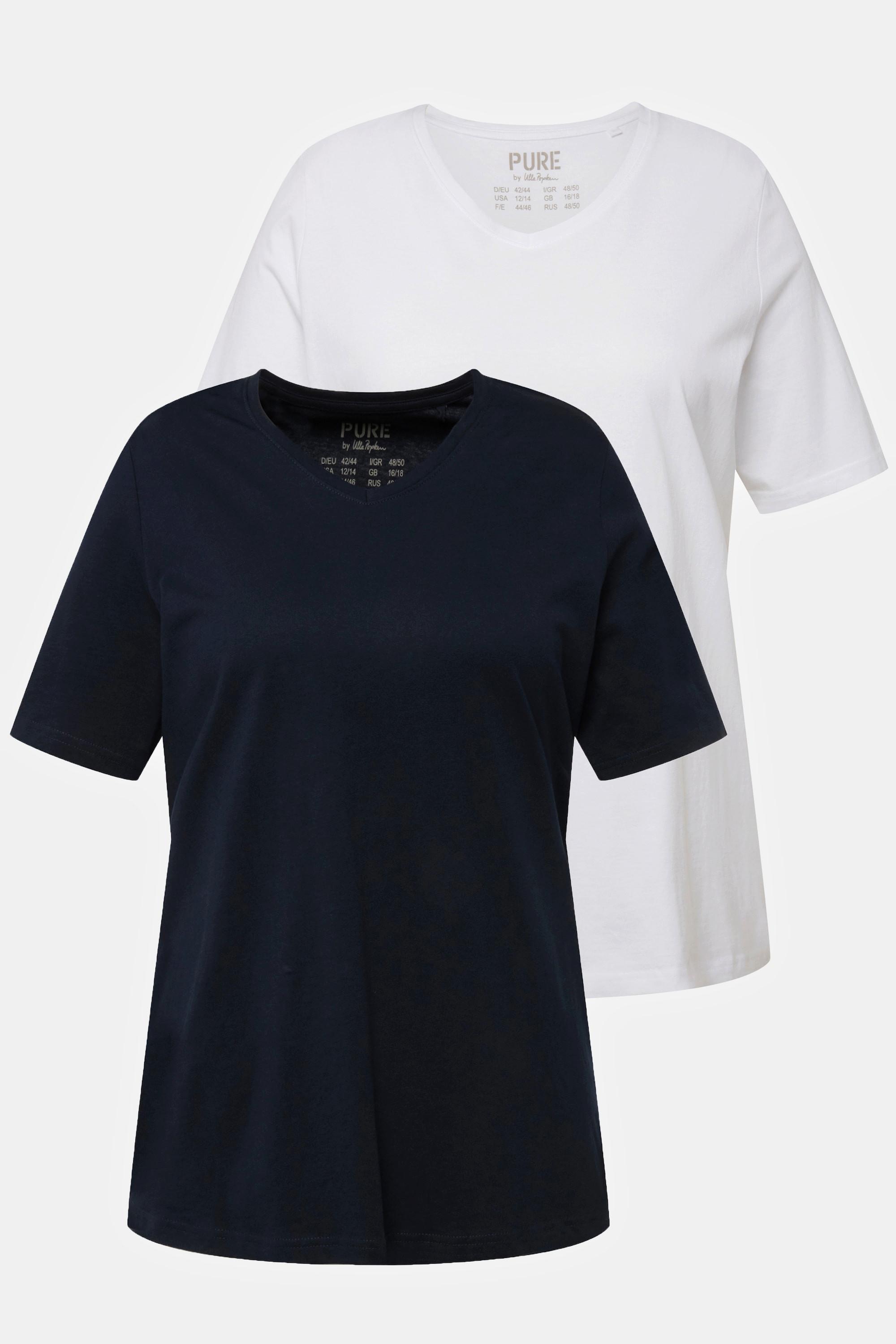 Ulla Popken  T-shirts en coton bio. Col en V et manches courtes. Lot de 2. 