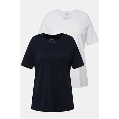 Ulla Popken  T-shirt di cotone biologico in confezione doppia con scollo a V e mezze maniche 