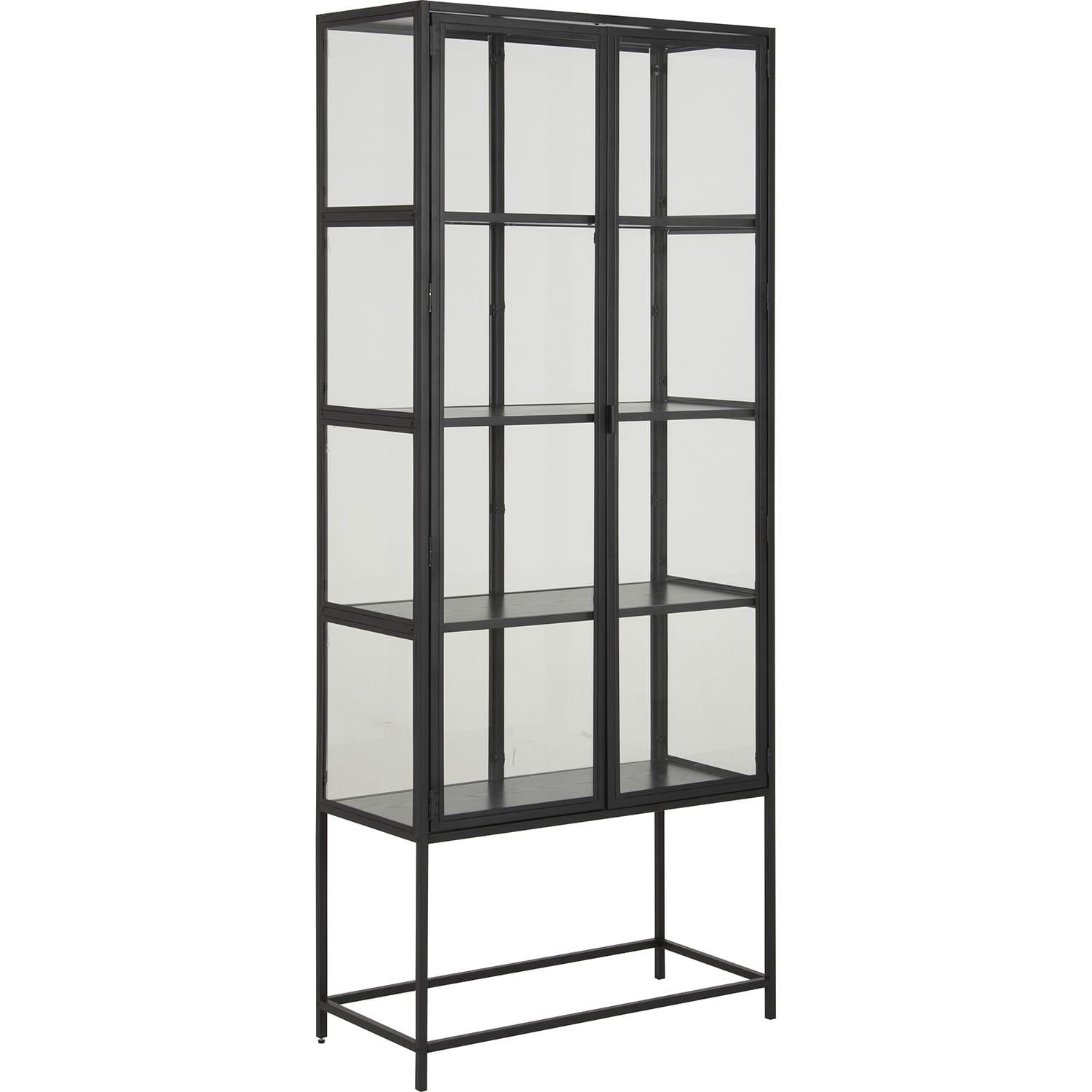 mutoni Vitrine Multiple Bronx Metall Schwarz 2 Glastüren 4 Böden Melamin Esche Schwarz 77x35x185,6cm  