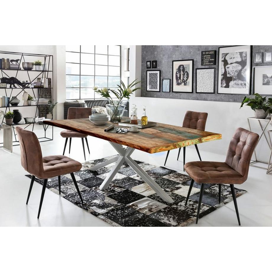 mutoni Table 160x85 cm - bois de récupération coloré - métal argenté antique  