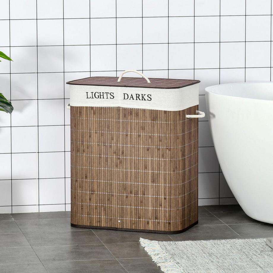 Northio Panier À Linge 100L Boîte À Linge Avec 3 Poignées Et Sac À Linge Lavable Amovible Bambou Coton Métal Marron + Blanc 52X32X63Cm  