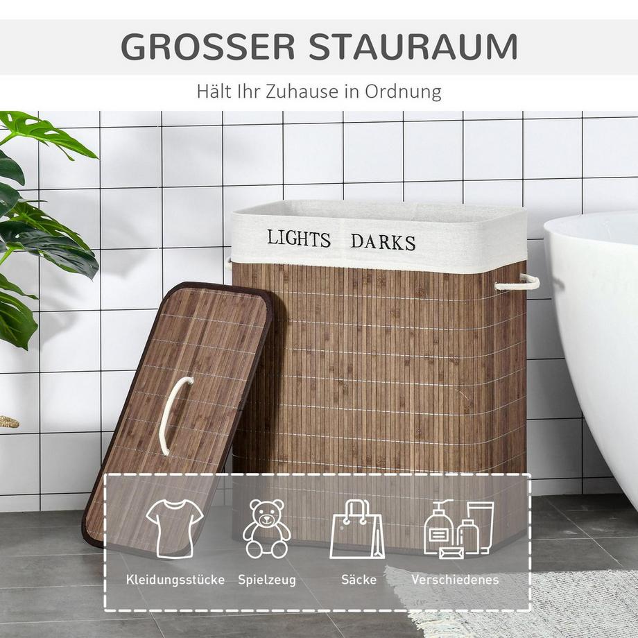 Northio Panier À Linge 100L Boîte À Linge Avec 3 Poignées Et Sac À Linge Lavable Amovible Bambou Coton Métal Marron + Blanc 52X32X63Cm  