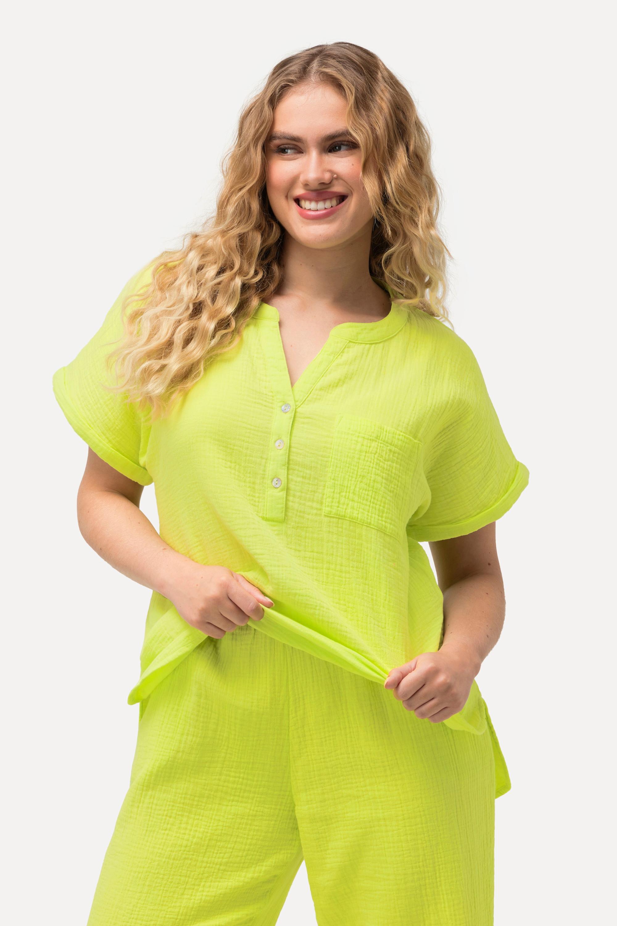 Ulla Popken  Musselin-Bluse, Oversized, Tunika-Ausschnitt, Halbarm 